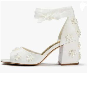 XYD White Open Toe with Bloom Pearl Flower Ribbon Ankle Strap Block Heel Sandals
